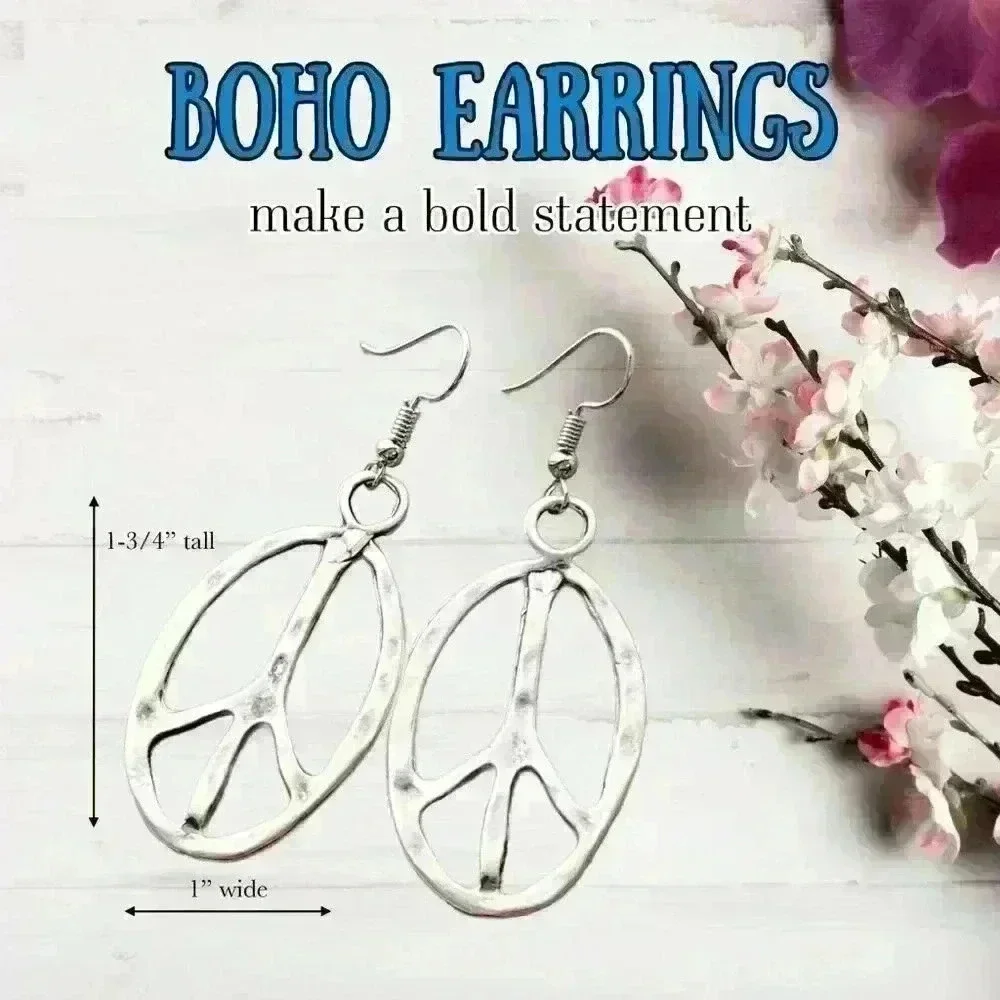 Peace sign hippie earrings hippy accessories silver bohemian retro jewel… - Picture 5 of 9